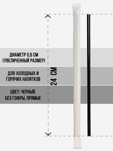 Трубочки прямые 6х240 черные в инд. упаковке 125 шт/уп. фото 2